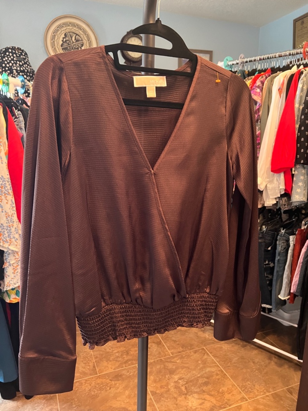 Michael Kors Chocolate Brown Wrap-Front Long Sleeve Blouse